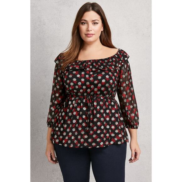 Lane Bryant Blouse 14/16 Black Red Floral Metallic Sheer Ruffle Peasant Top - Picture 1 of 6
